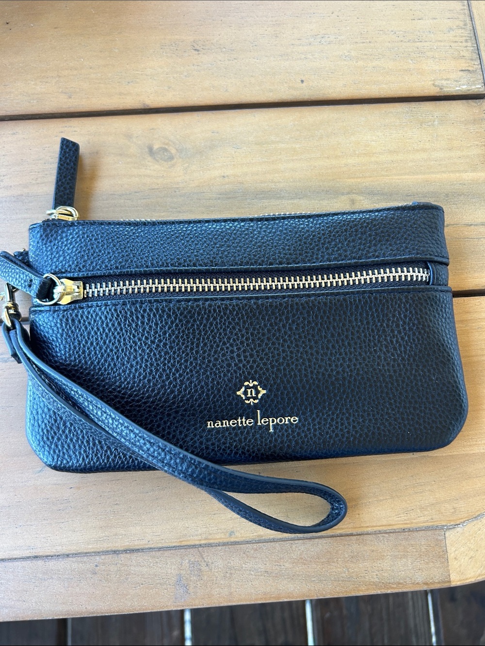 Nanette Lepore Black Pebbled Leather Wristlet with Gold Hardware